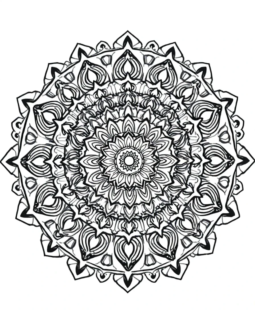 Black and white mandala with detailed symmetrical patterns