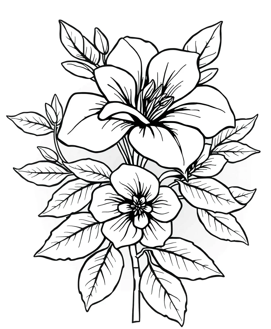 Line art of an elegant bouquet with intricate petal details