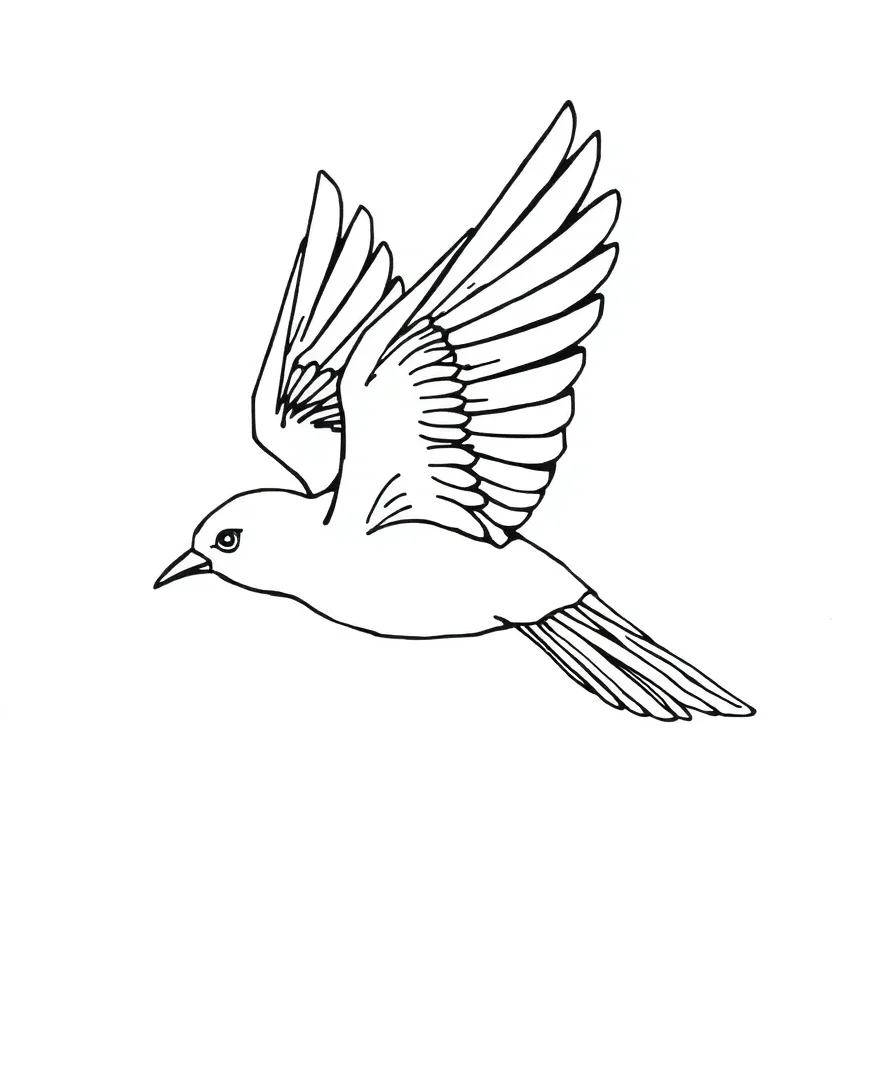 Line art of a bird in flight with intricate feather details