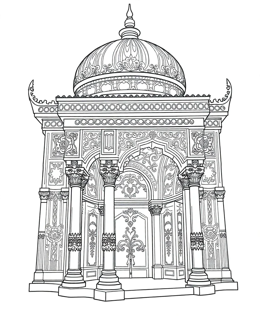 Line art of an architectural structure with intricate details