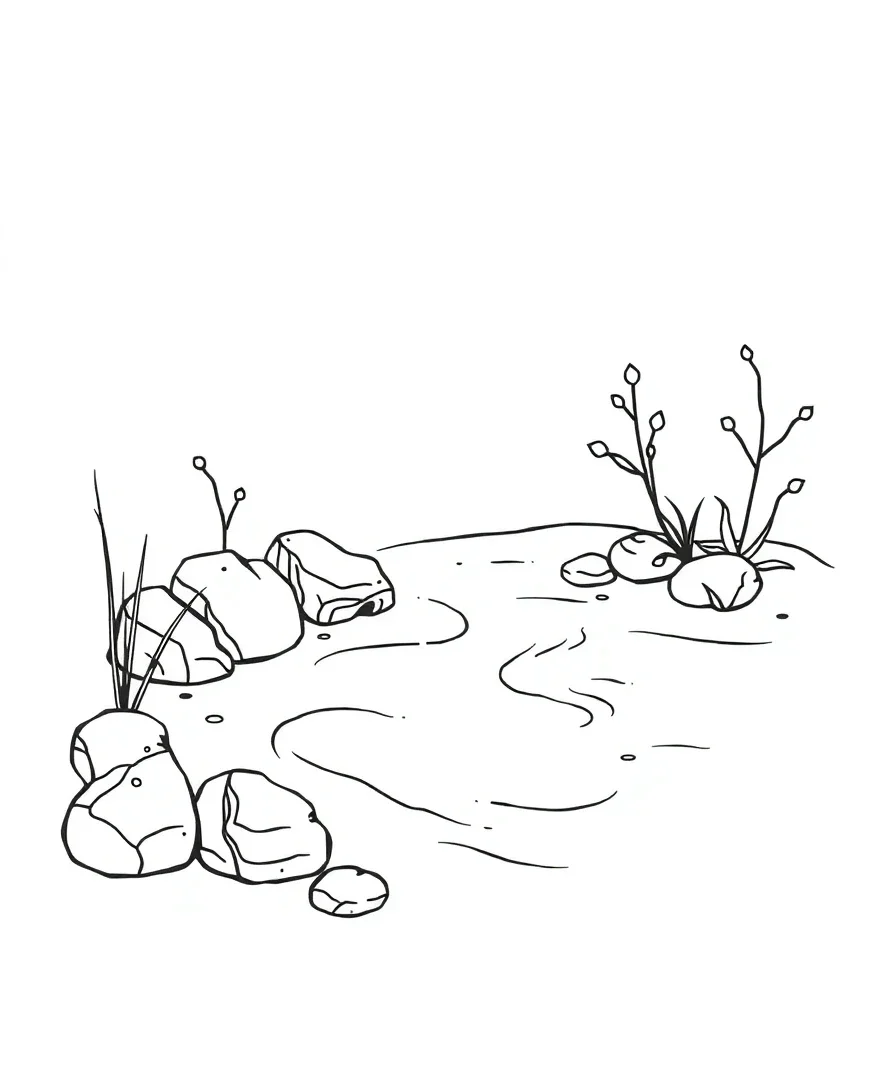 Line art of a serene Zen garden with detailed sand patterns