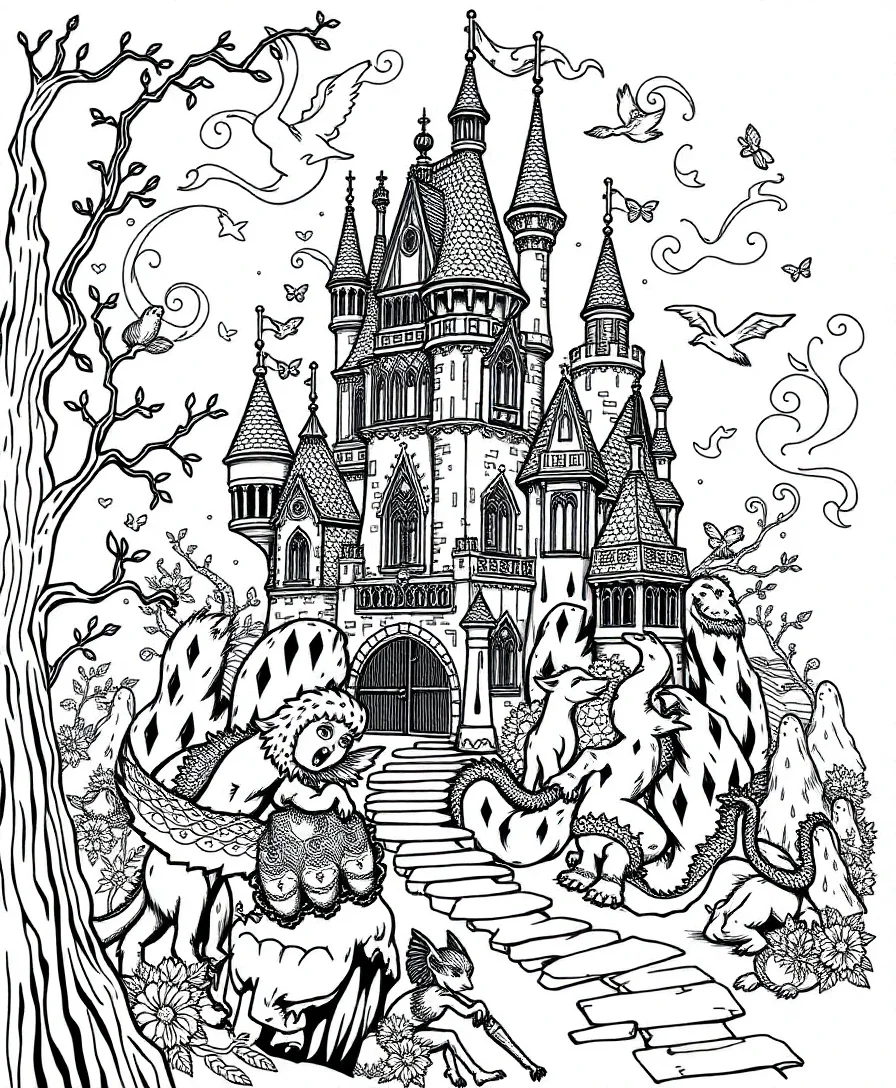 Fantasy line art scene with a castle and mythical elements