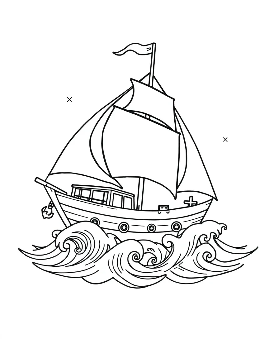 Line art of a sailing ship with nautical motifs and bold outlines