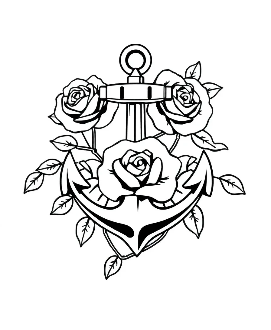 Classic tattoo line art with bold outlines of an anchor and rose