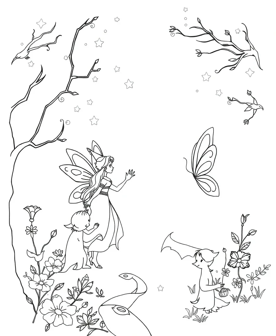 Line art of an enchanting fairy tale from 90s cartoons