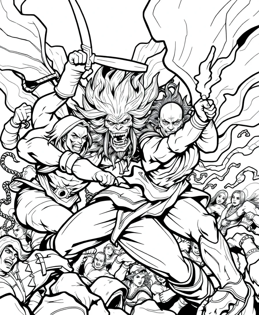 Line art of an epic battle scene from 90s cartoons