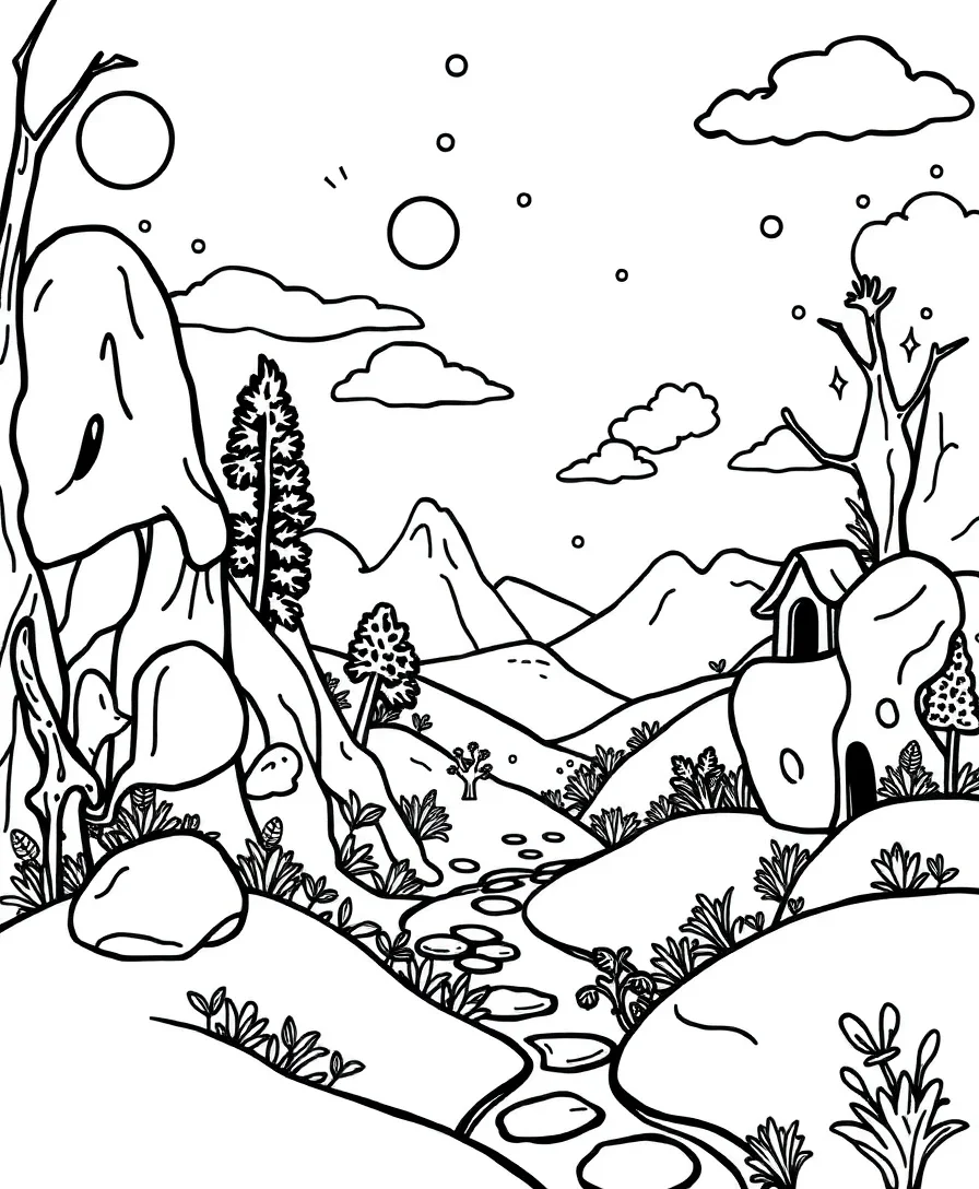 Line art of a whimsical world from 90s cartoons