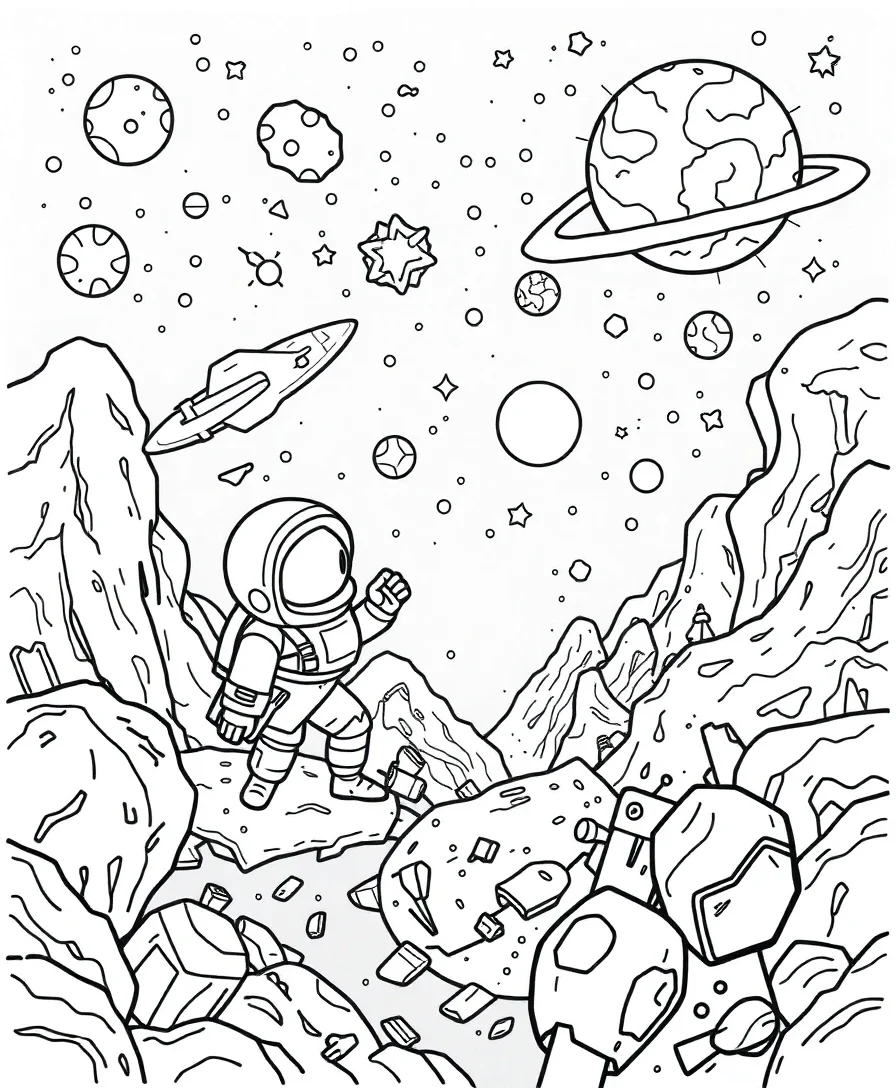 Line art of a space adventure from 90s cartoons