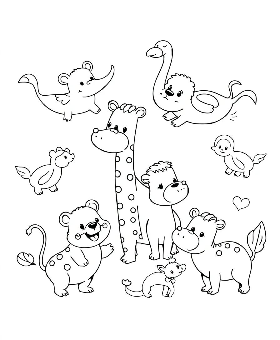 Line art of playful animal antics from 90s cartoons