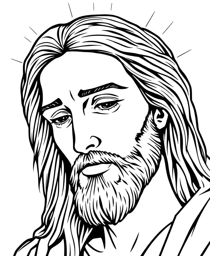 Line art of a serene Jesus portrait with detailed features