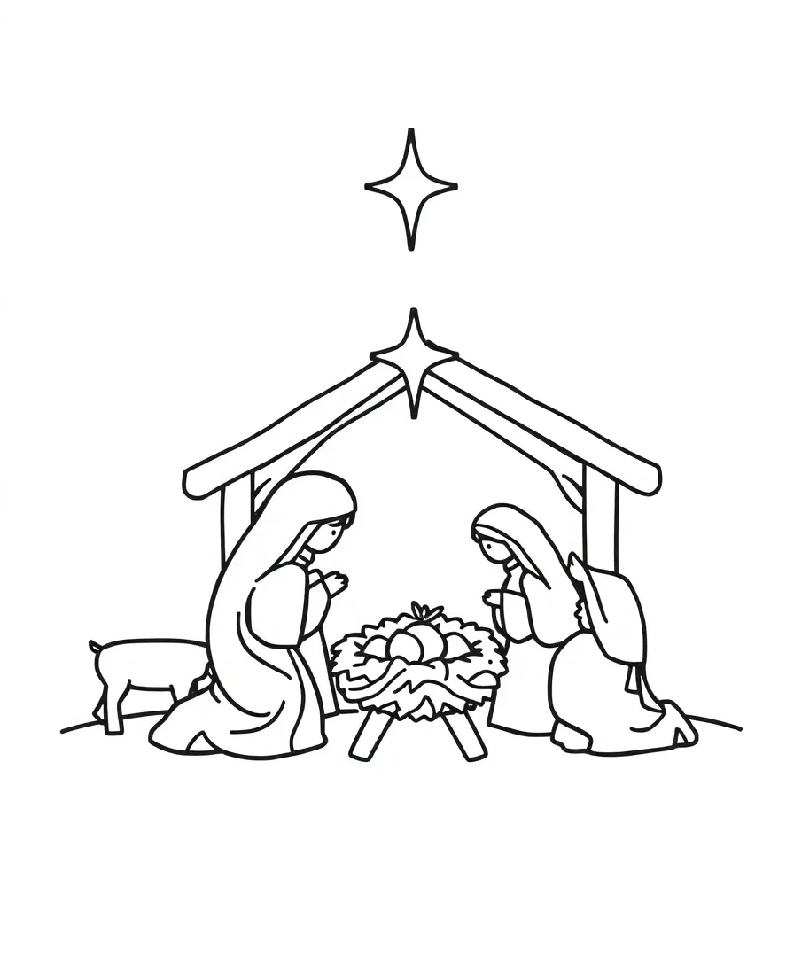 Line art of the Nativity scene with simple shapes