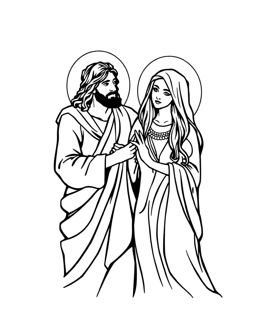 Line art of Jesus with Mary Magdalene with graceful lines