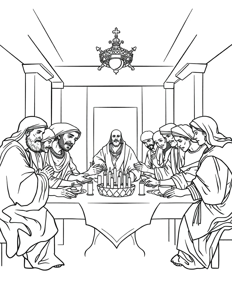 Line art depicting The Last Supper with intricate details