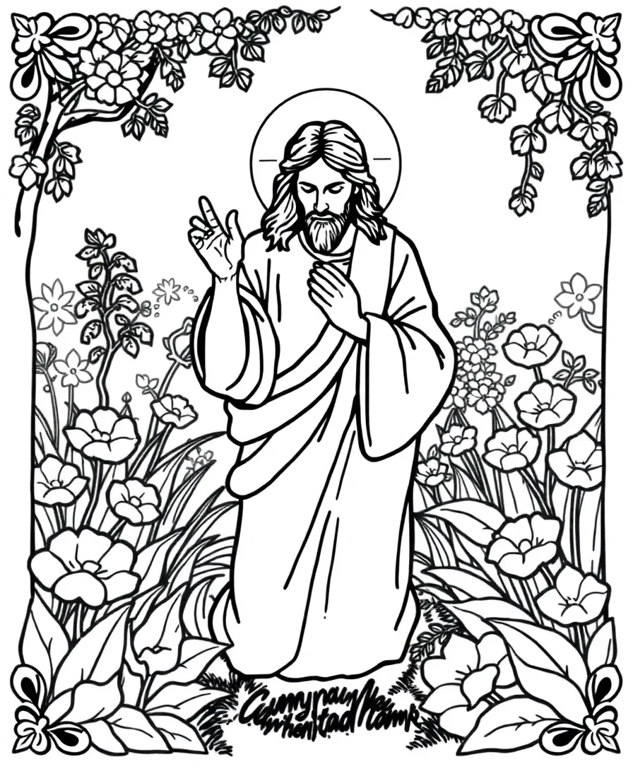 Line art of Jesus in the Garden of Gethsemane with elegant patterns