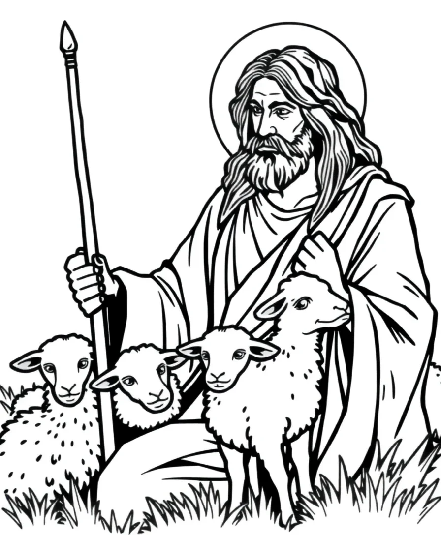 Line art of Jesus as the Good Shepherd with detailed forms
