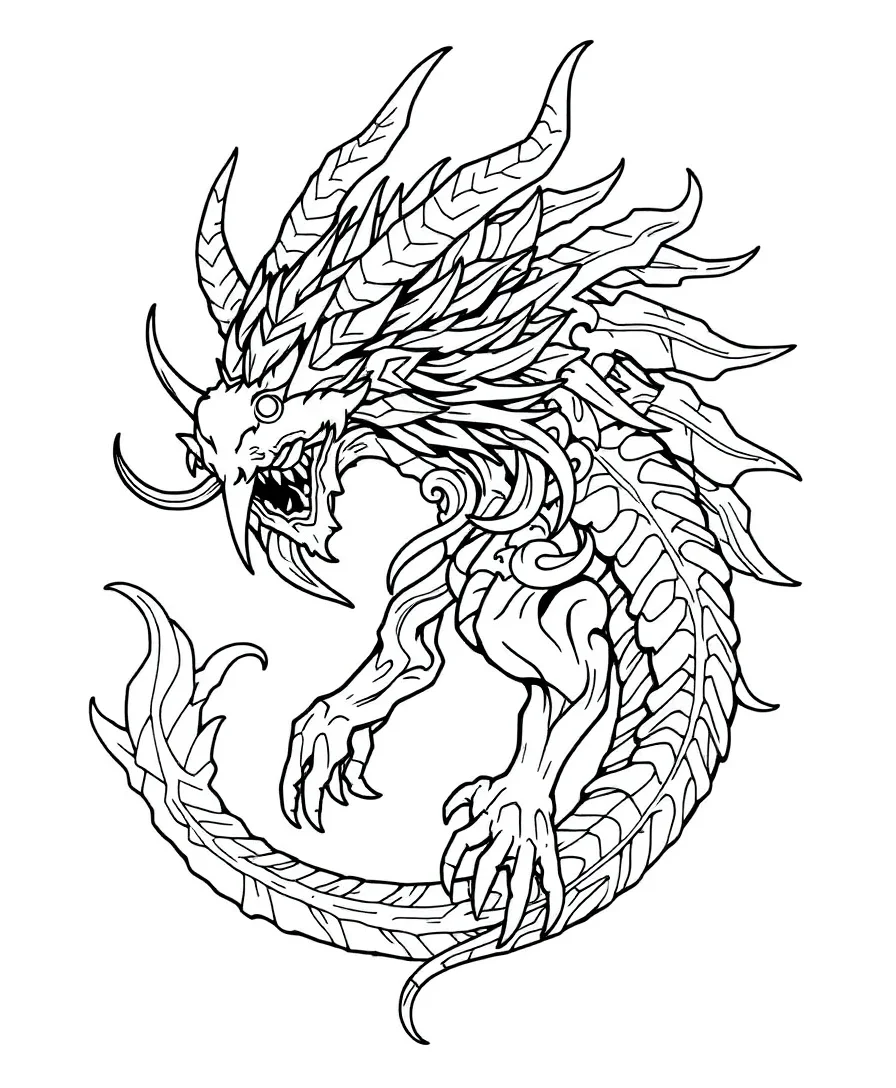 Fantastical creature in detailed line art with bold features