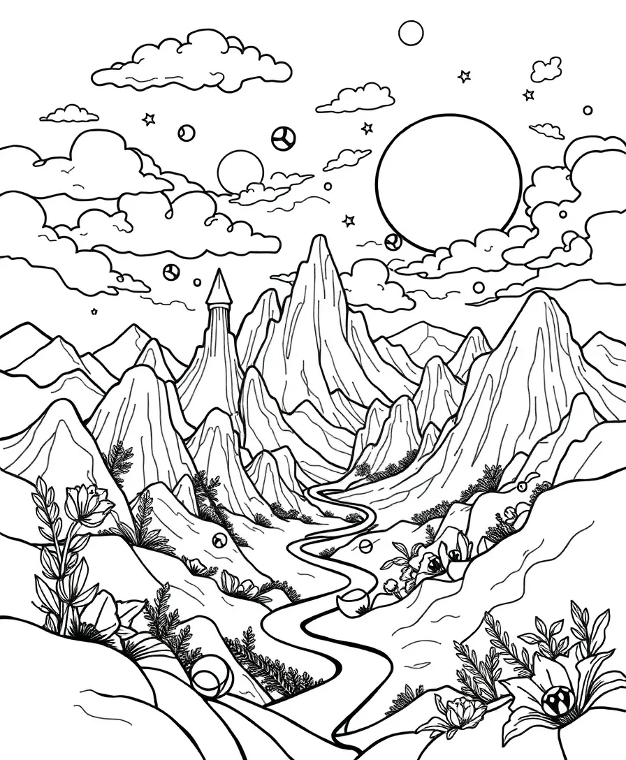 Surreal landscape featuring dreamlike scenes and intricate line work