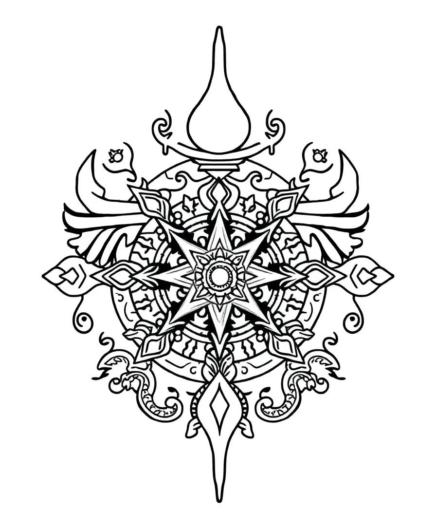 Mystical symbols rendered in bold line art with intricate motifs