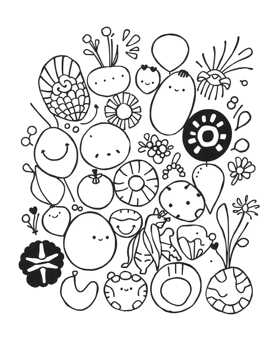 Whimsical doodles featuring abstract shapes and playful elements