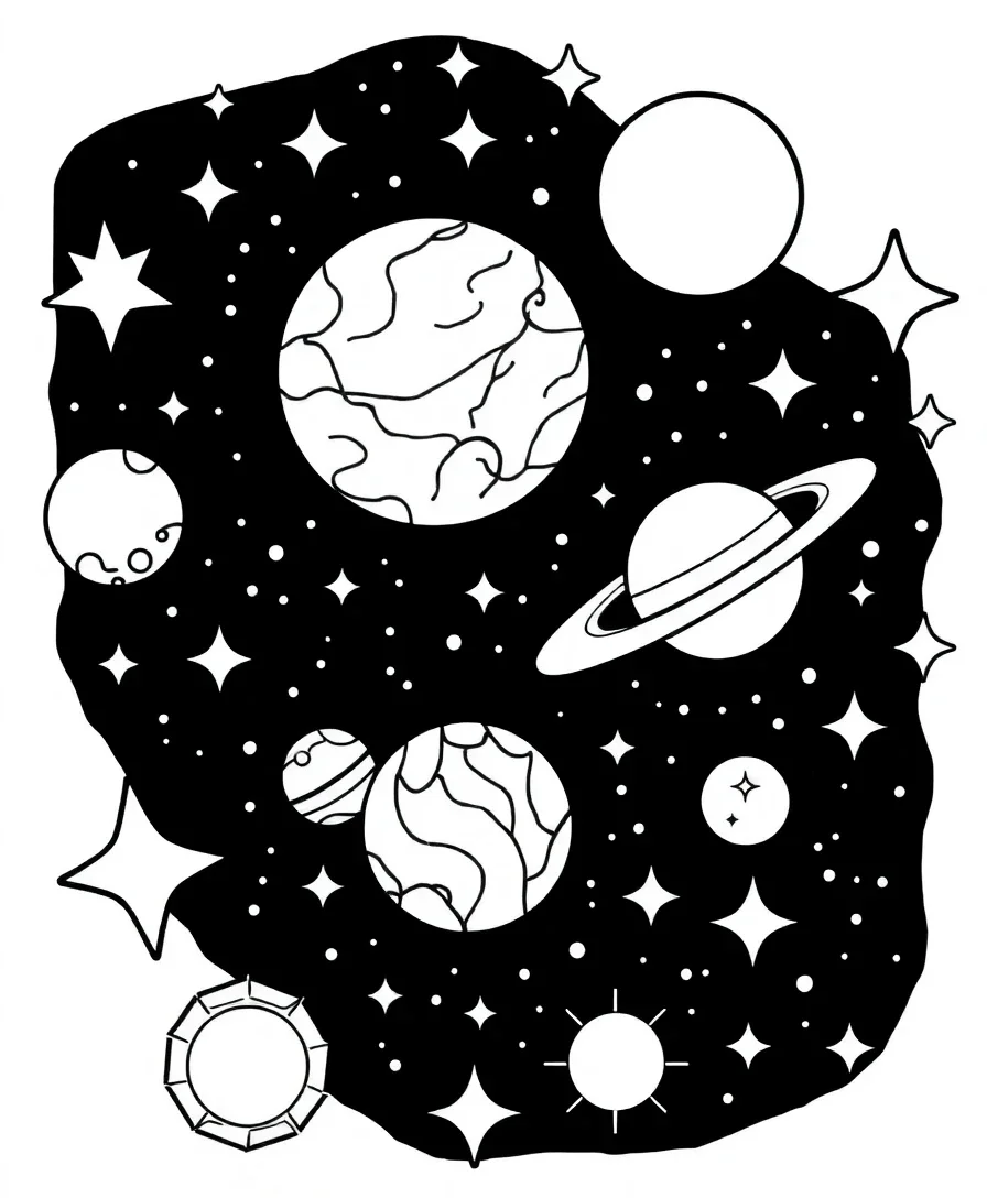 Cosmic line art featuring stars, planets, and celestial elements