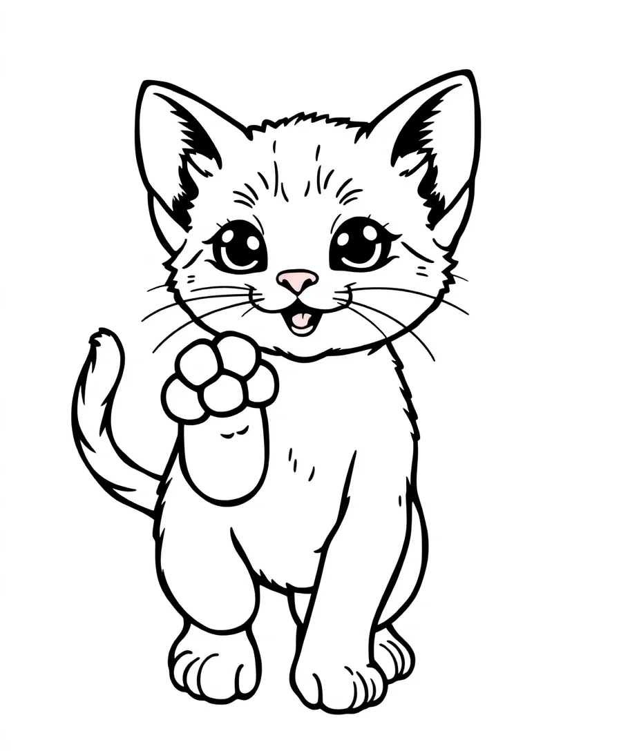 Line art of a playful kitten with a raised paw