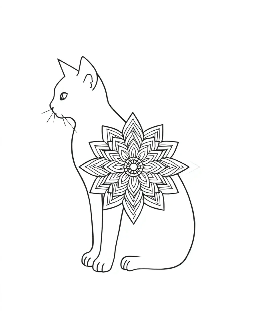 Line art of a cat with mandala patterns