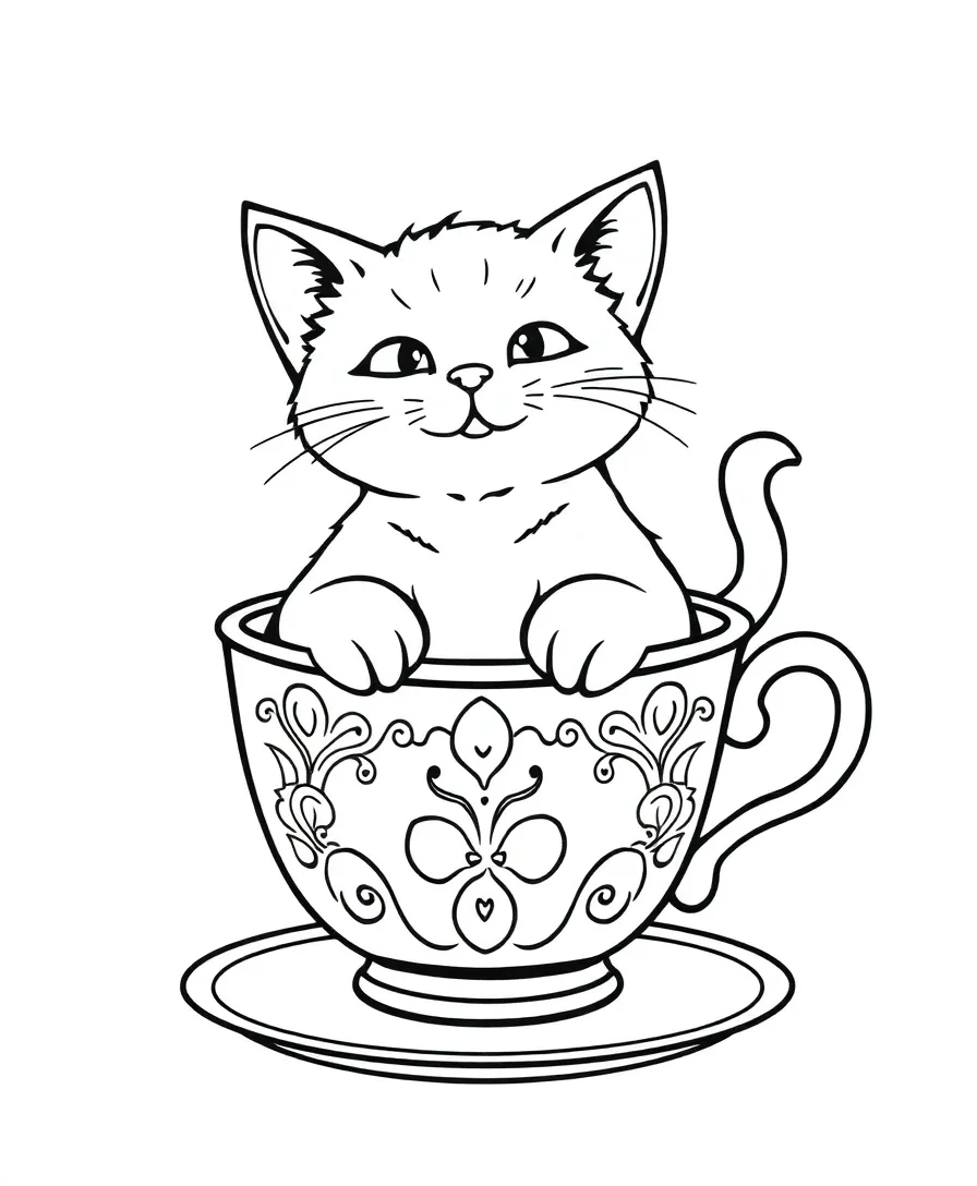 Line art of a cat sitting in a teacup