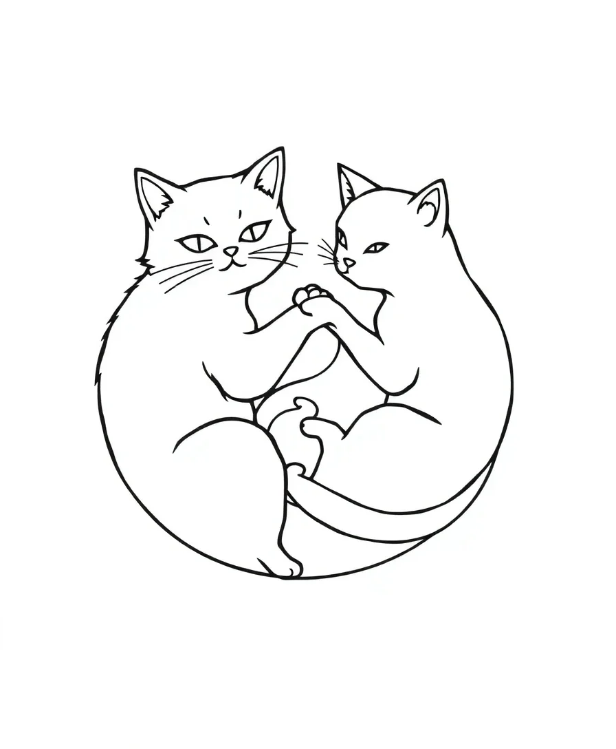 Line art of yin and yang cats