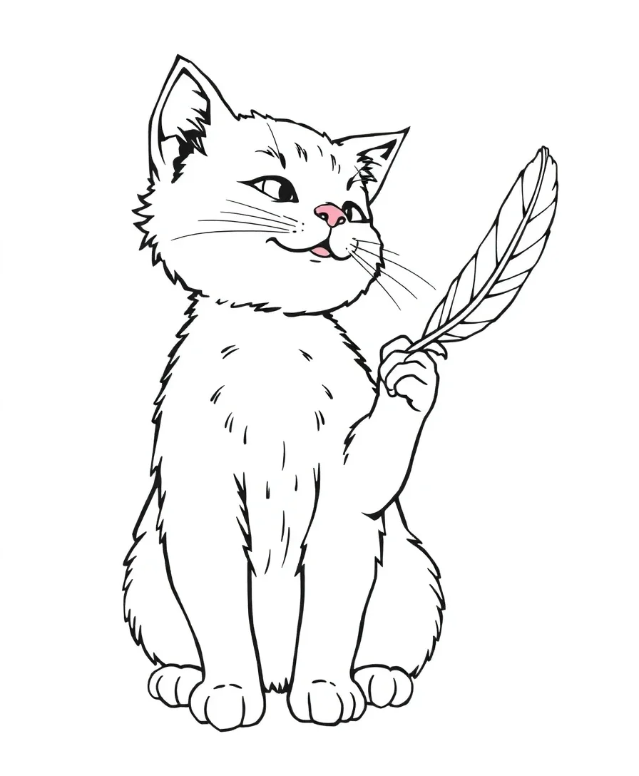 Line art of a cat playing with a feather