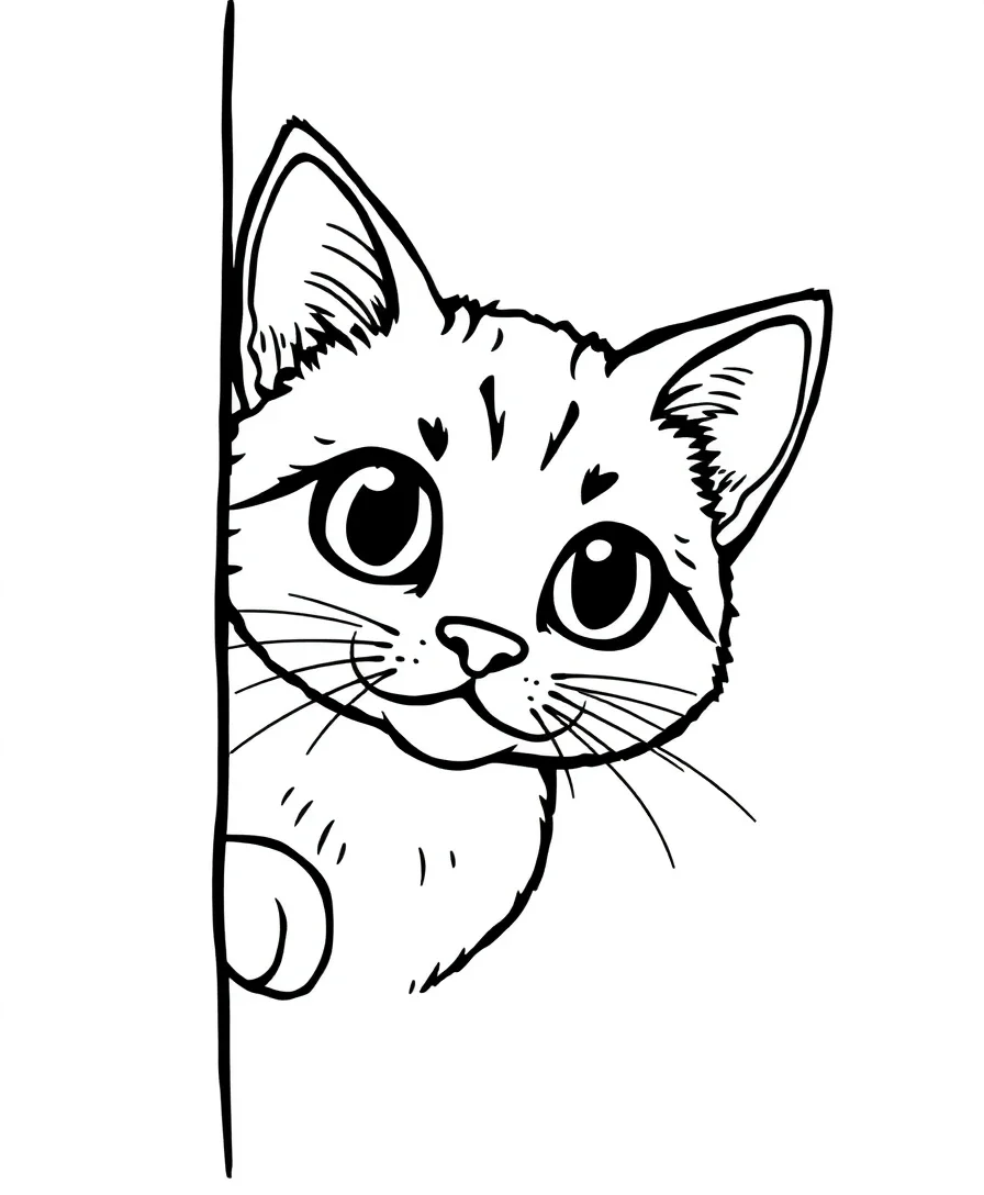 Line art of a curious cat peeking around a corner