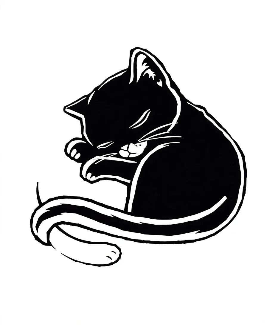 Line art of a sleeping cat curled up