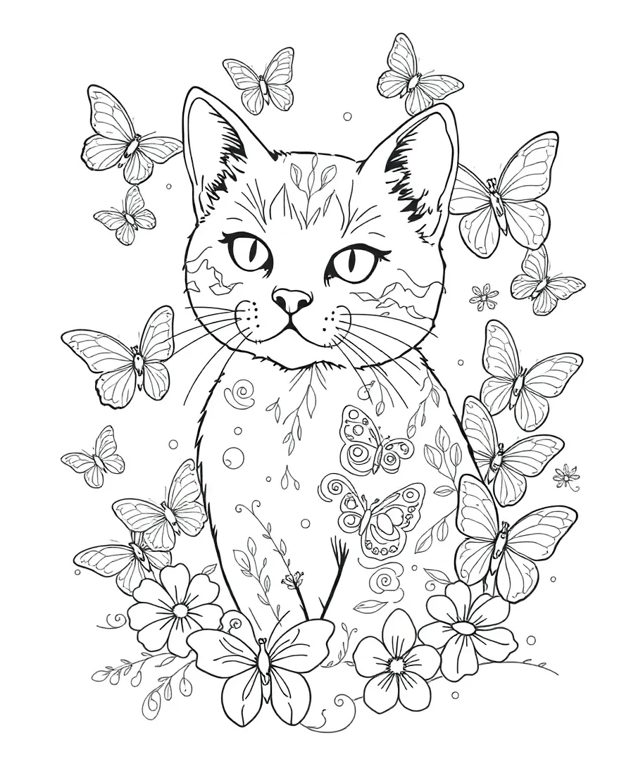 Line art of a cat surrounded by butterflies