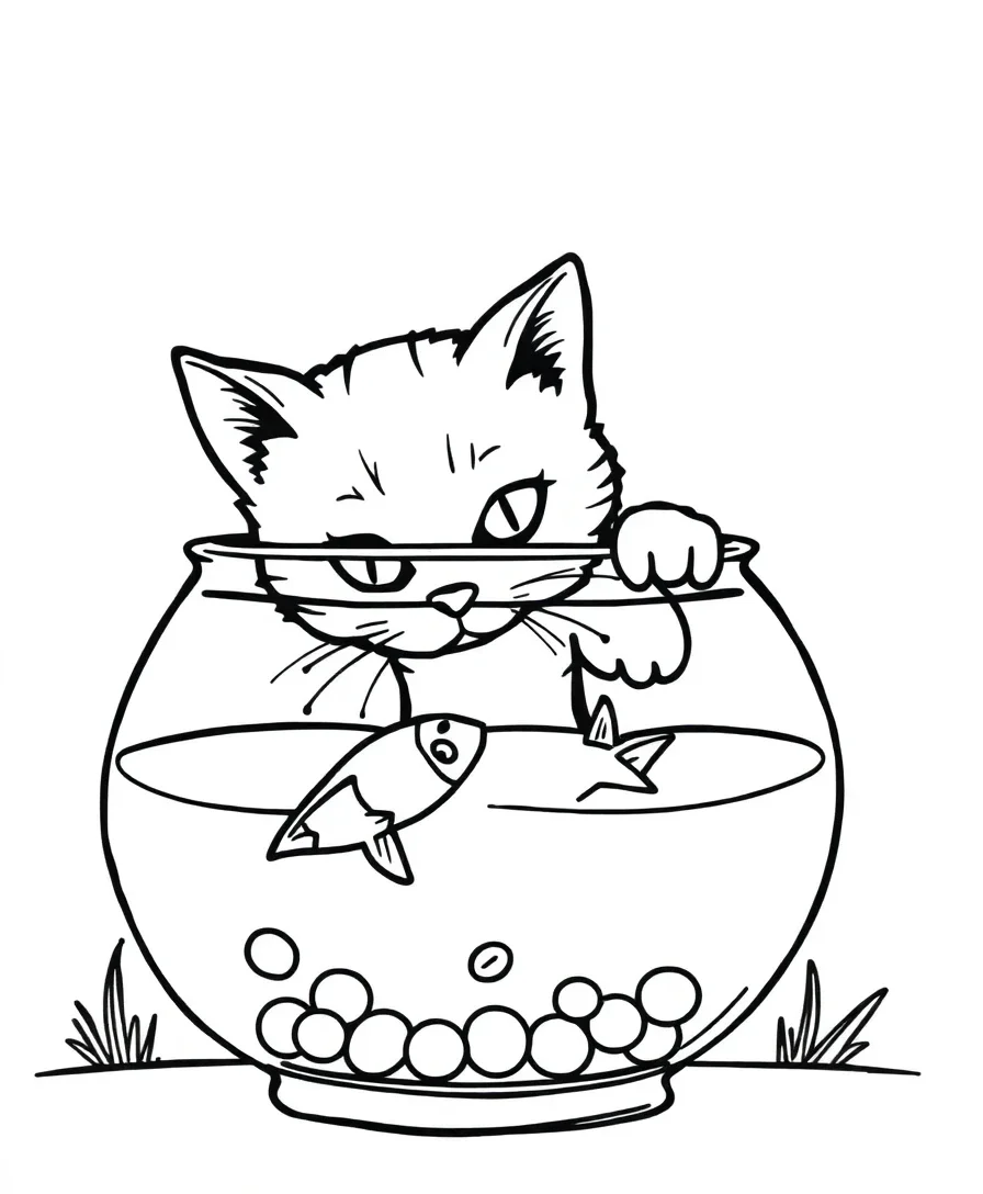 Line art of a cat peering into a fishbowl