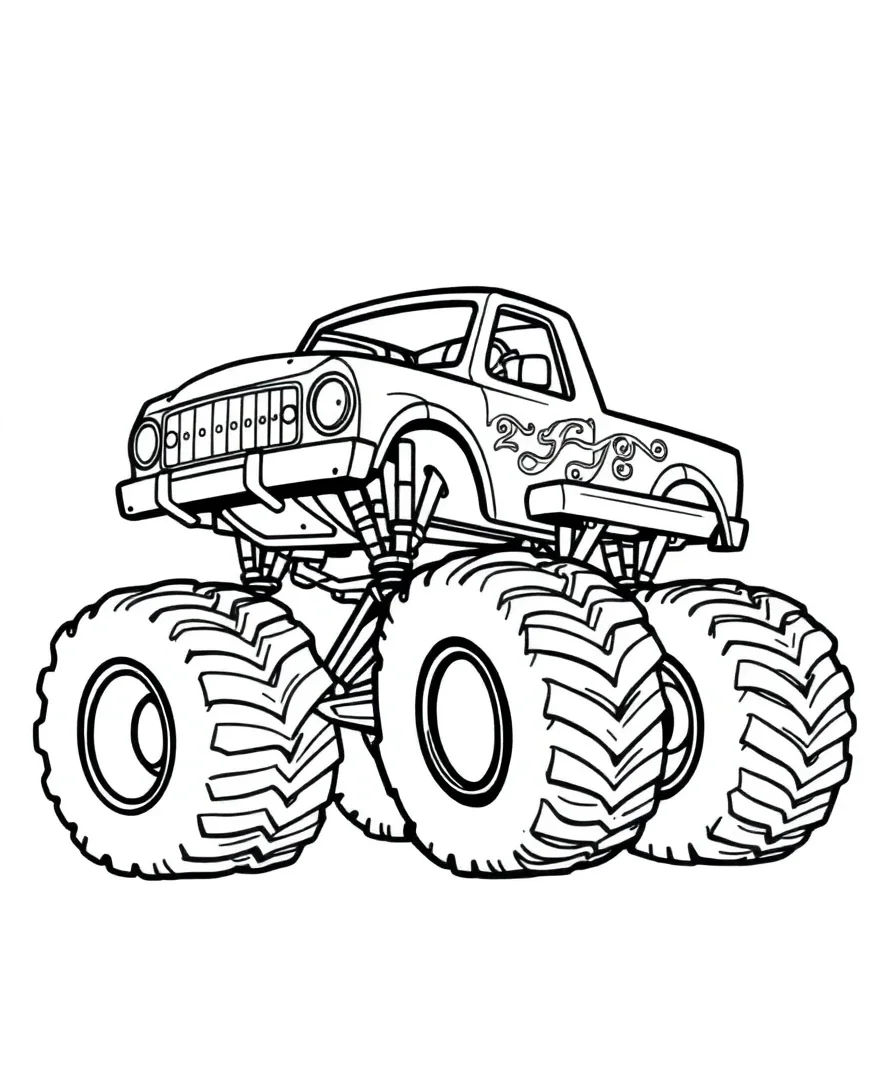 Line art of a classic monster truck with large wheels