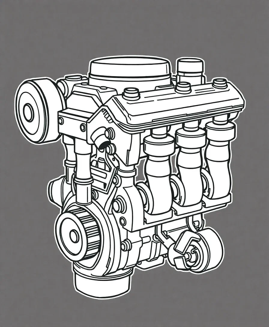 Line art of an intricate monster truck engine