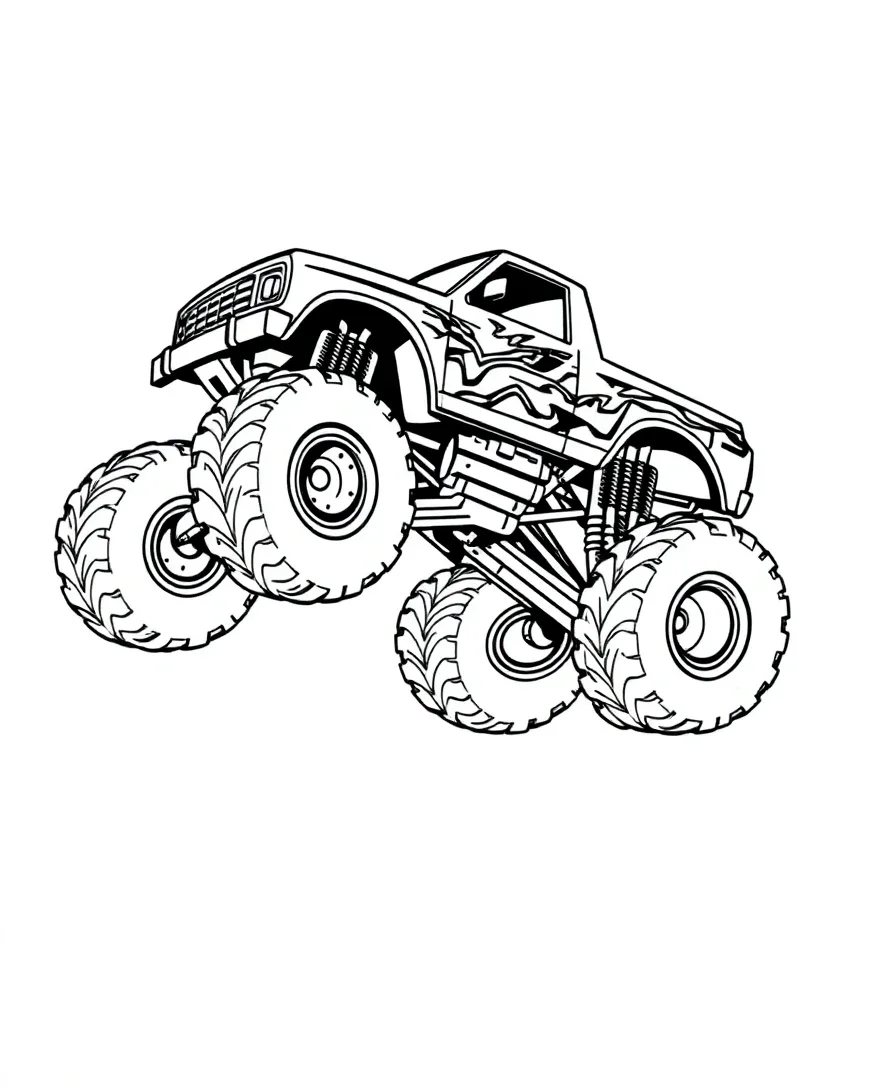 Line art of a monster truck in mid-air