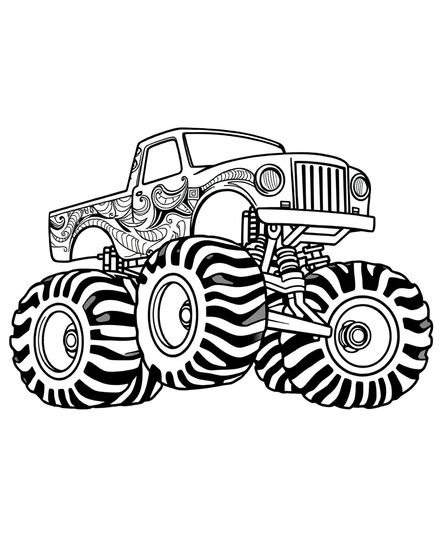Line art of a monster truck with tribal designs