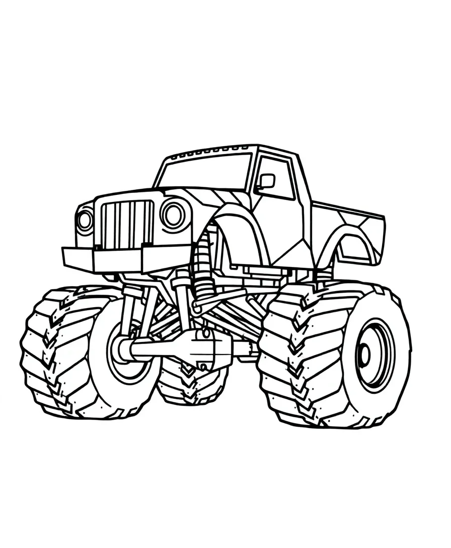 Line art of a monster truck with geometric patterns