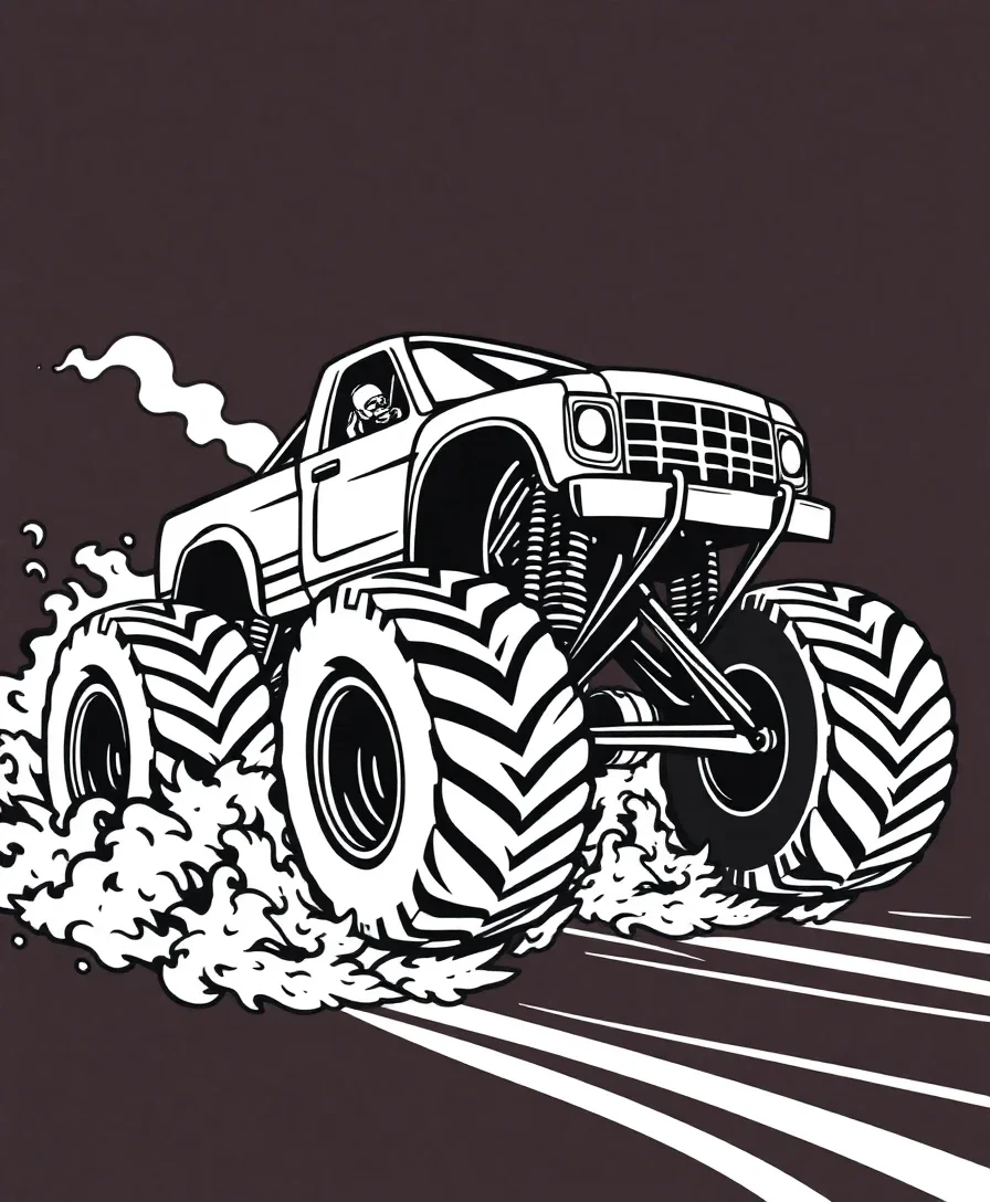 Line art of a monster truck racing scene