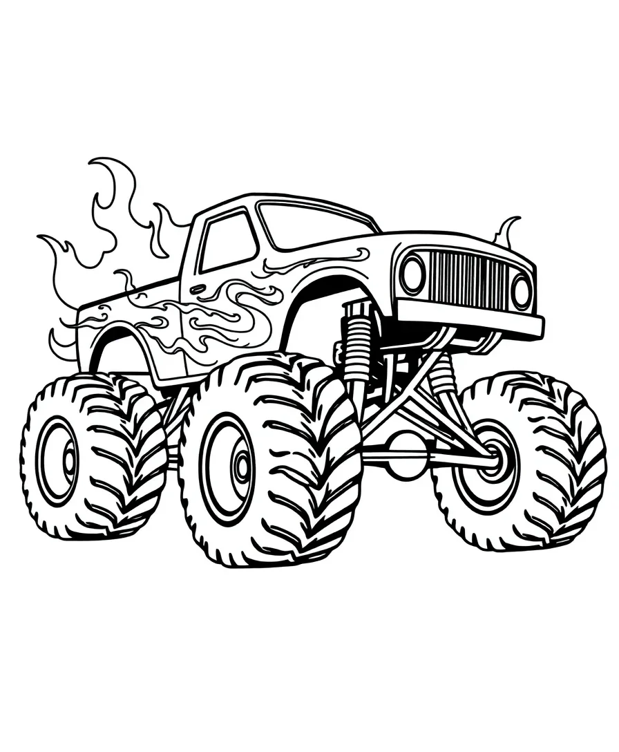 Line art of a monster truck with flames