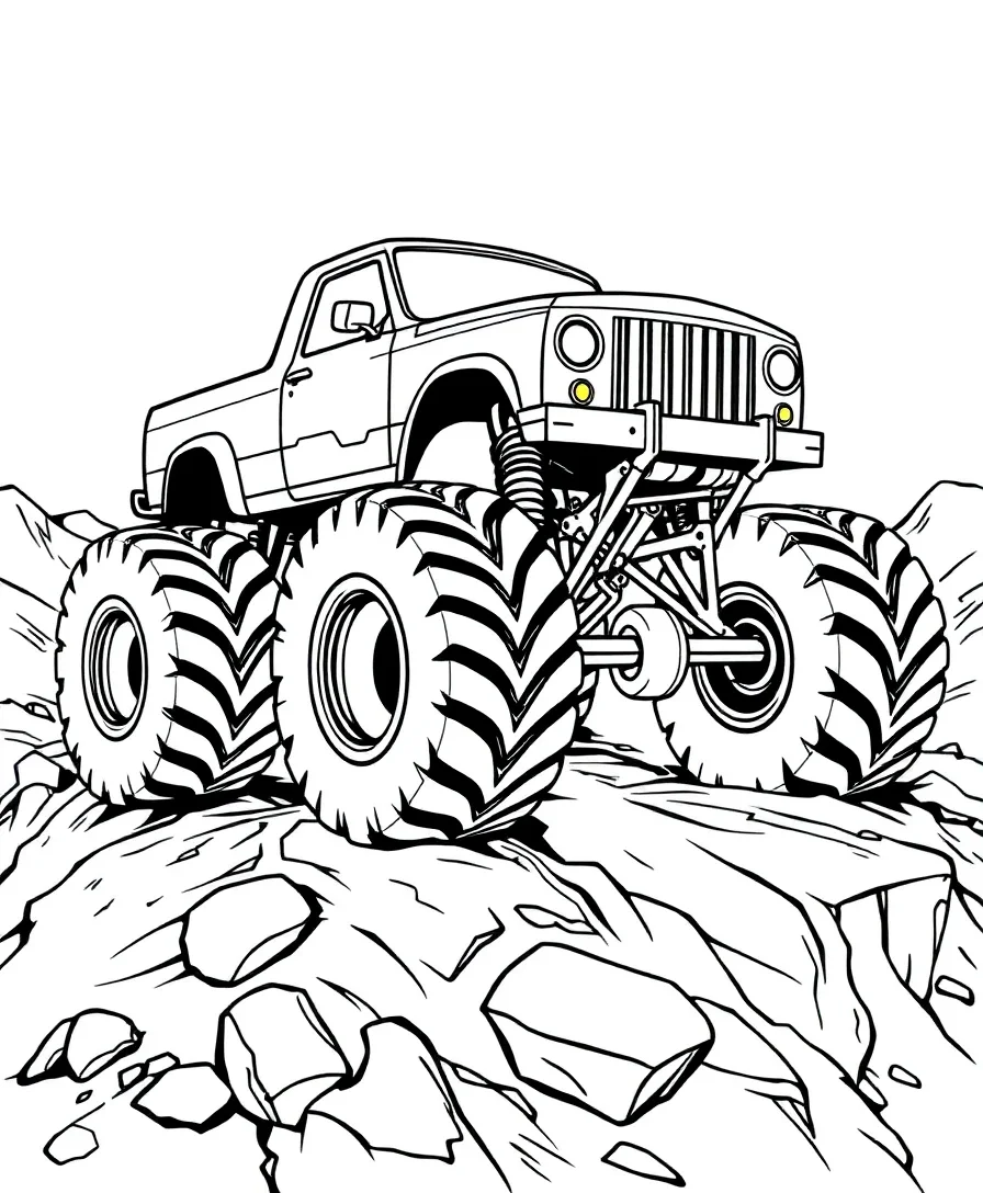 Line art of a monster truck in an off-road setting