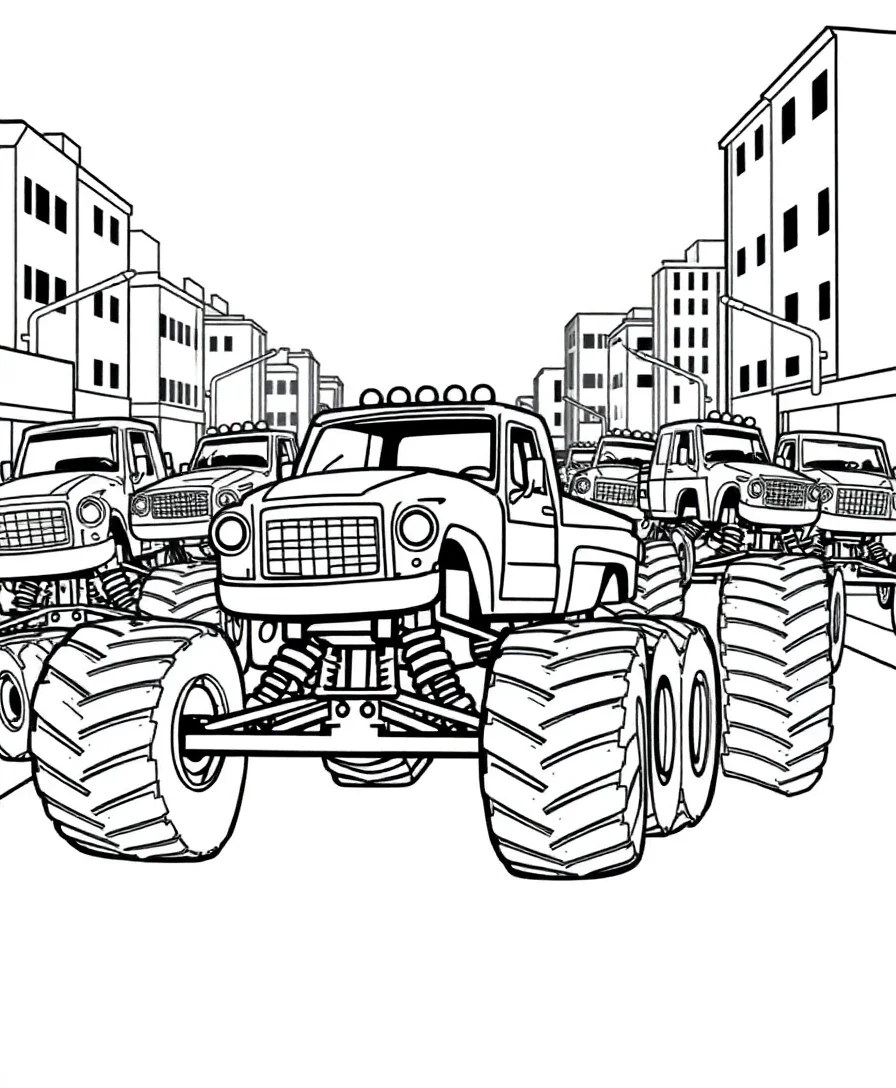 Line art of a monster truck parade
