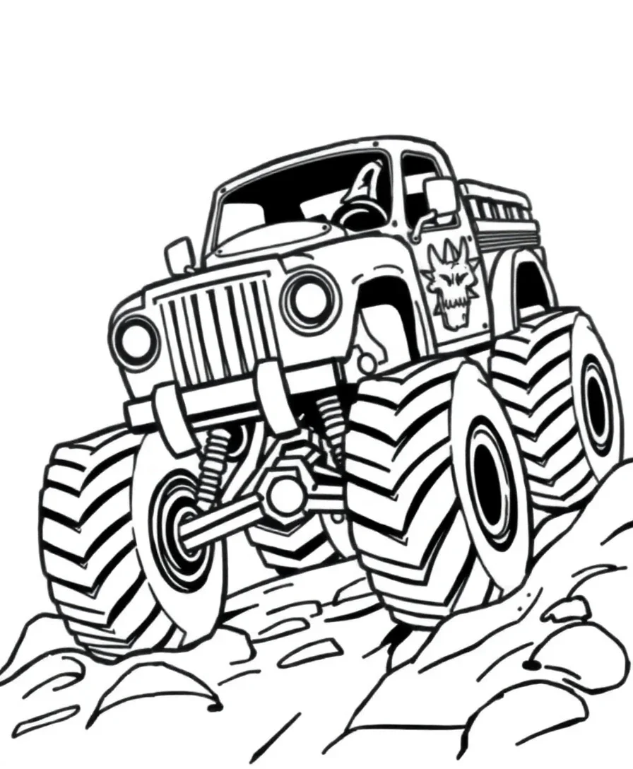 Line art of a monster truck with a skull design