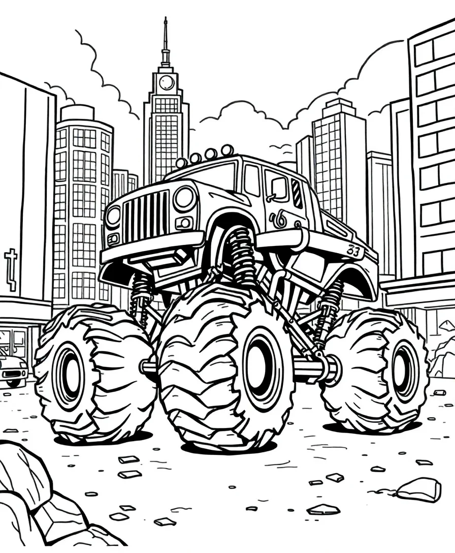Line art of a monster truck in a city setting