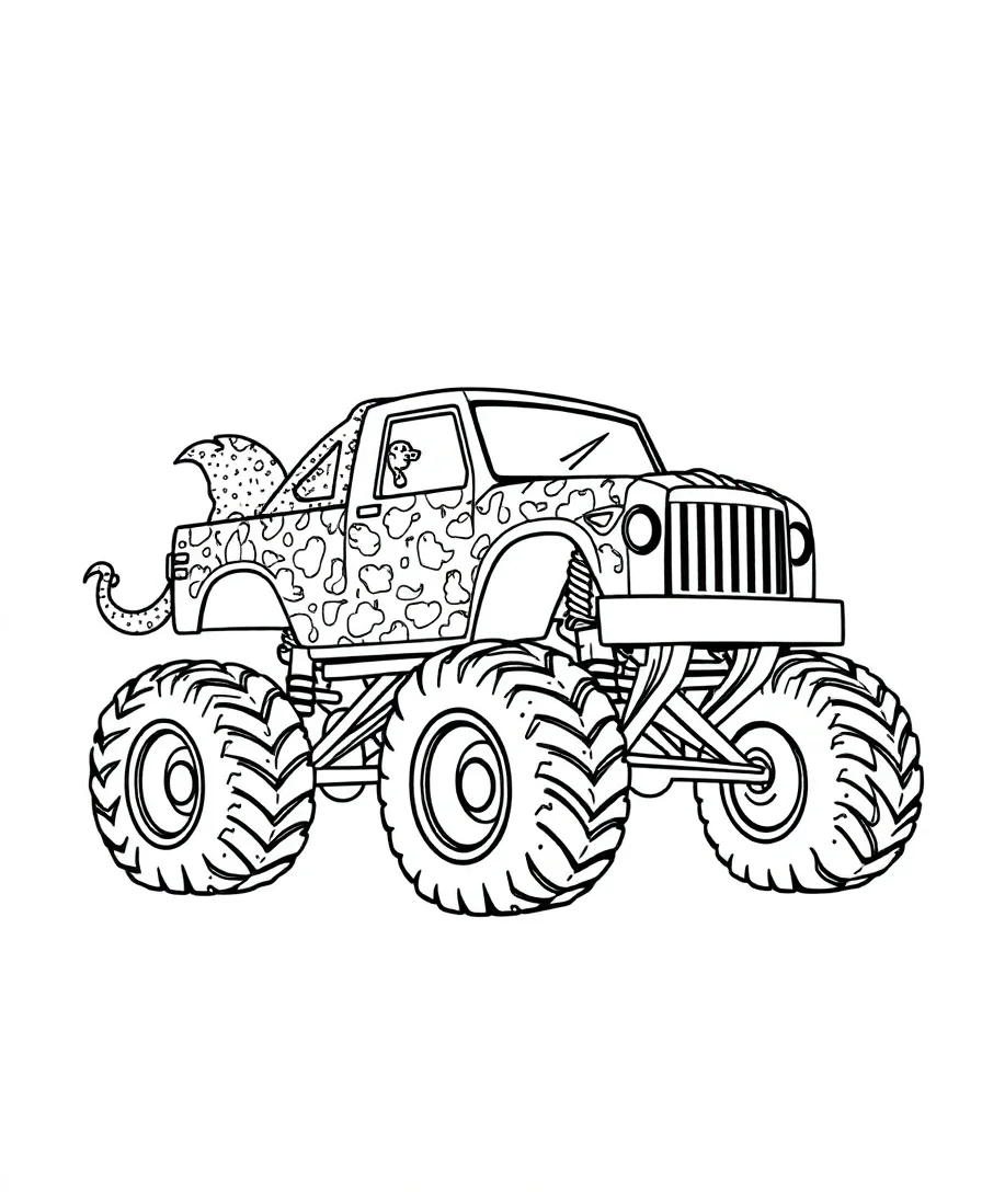 Line art of a monster truck with animal themes