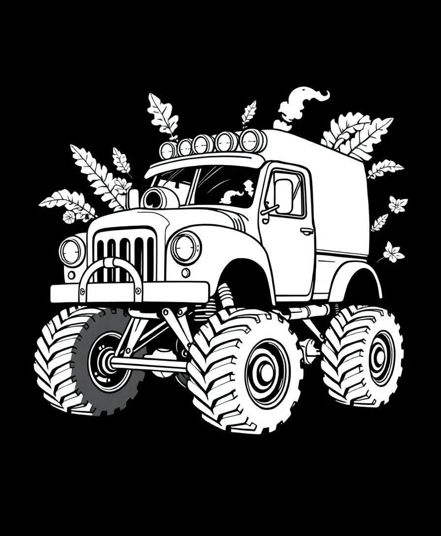 Line art of a vintage monster truck