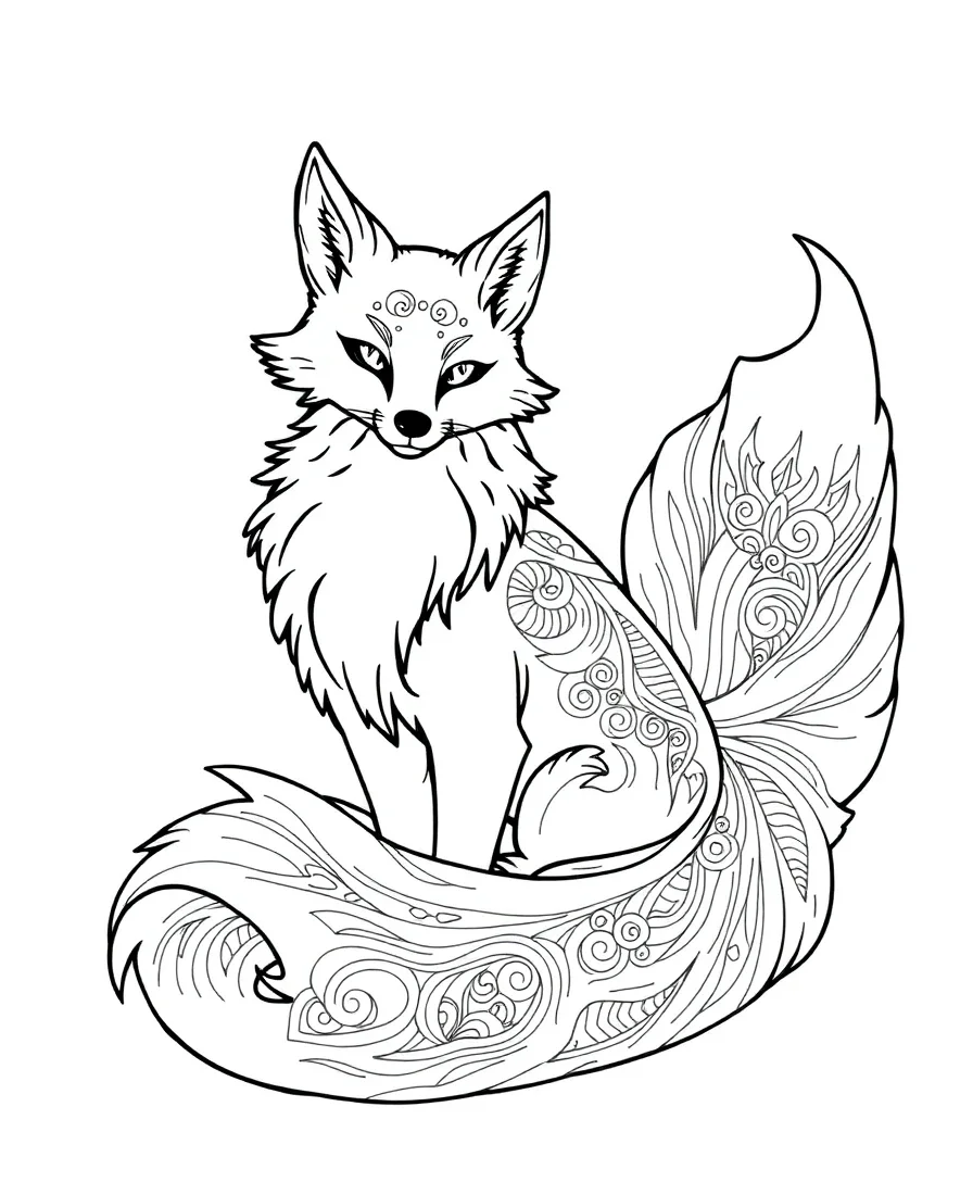 Nine-Tails Fox with majestic tails and detailed line work