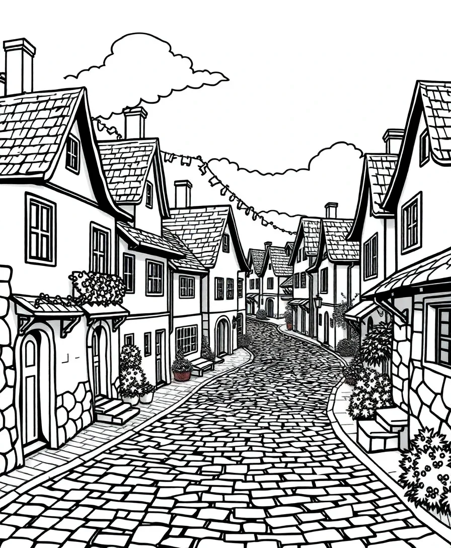 Line art of a rustic village with houses