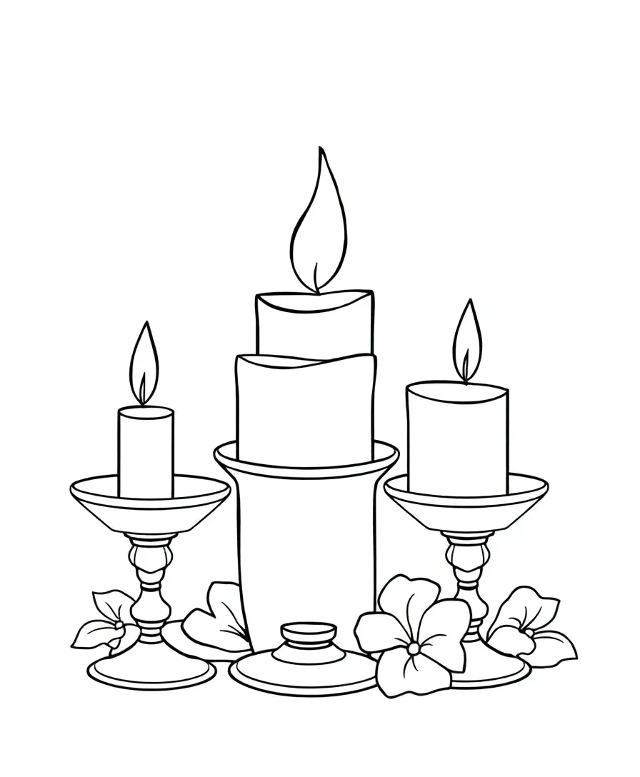 Line art of candles with holders and flames