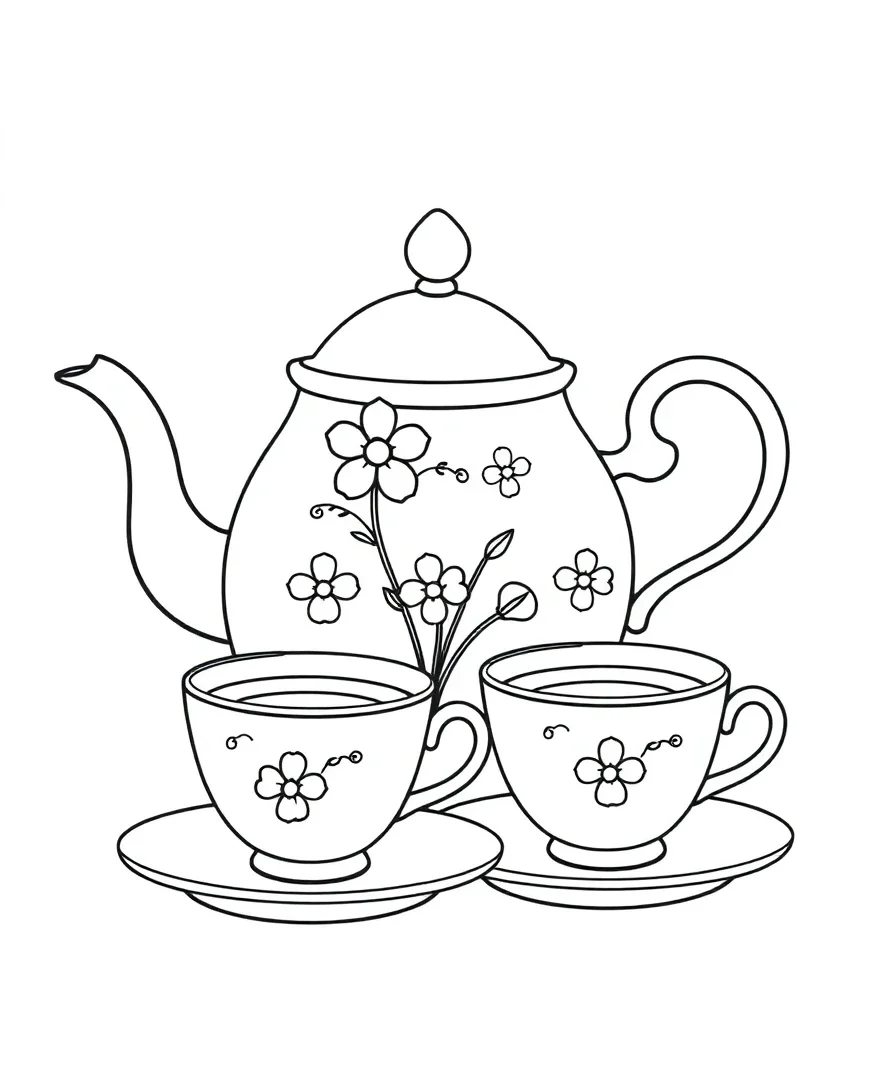 Line art of a teapot and tea cups with floral motifs